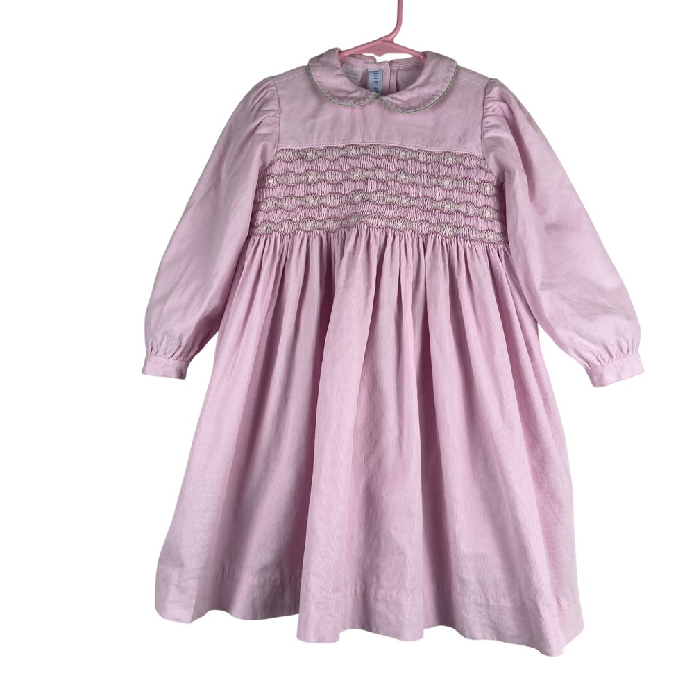 Vive La Fete Girls Pink Corduroy Smocked Dress Long Sleeve Peter Pan Collar 4T